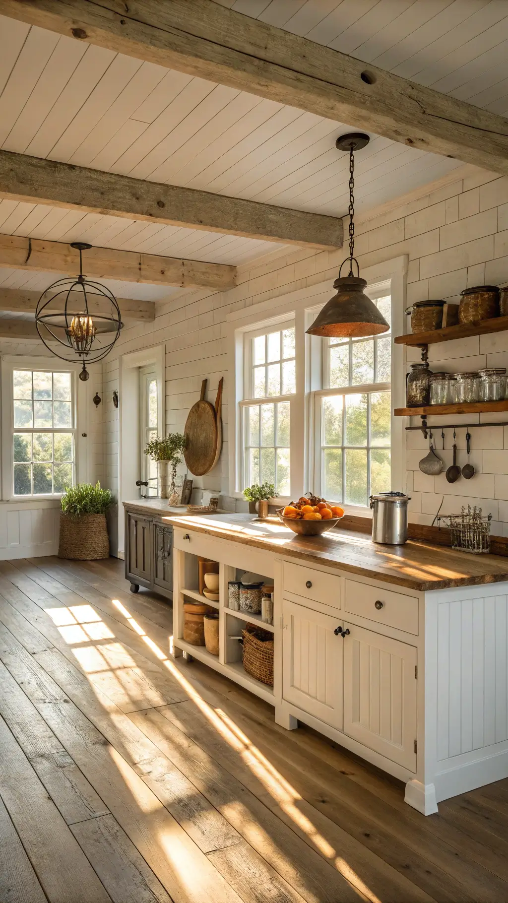 Bright farmhouse kitchen featuring white shiplap walls, oak flooring, a weathered teak island, warm pendant lights, and vintage copper pots hanging from an iron rack.