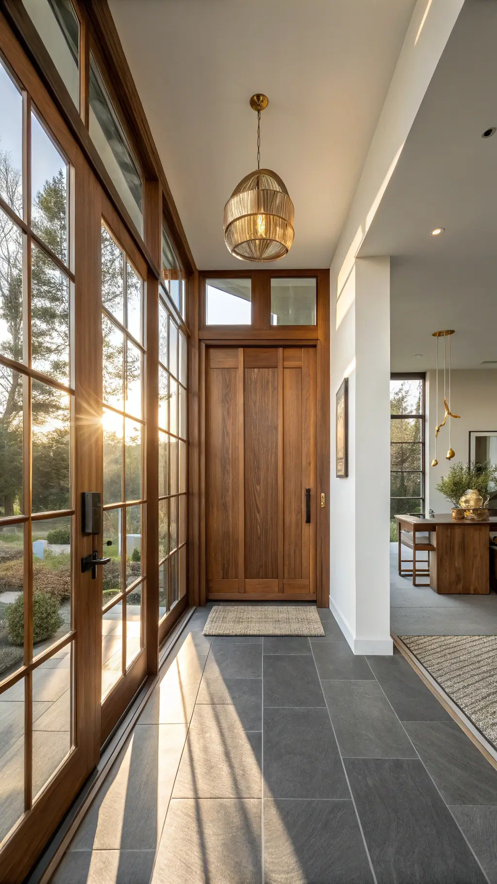 Midcentury modern entryway with tall walnut door, floor-to-ceiling windows, slate gray flooring, and floating teak console at golden hour