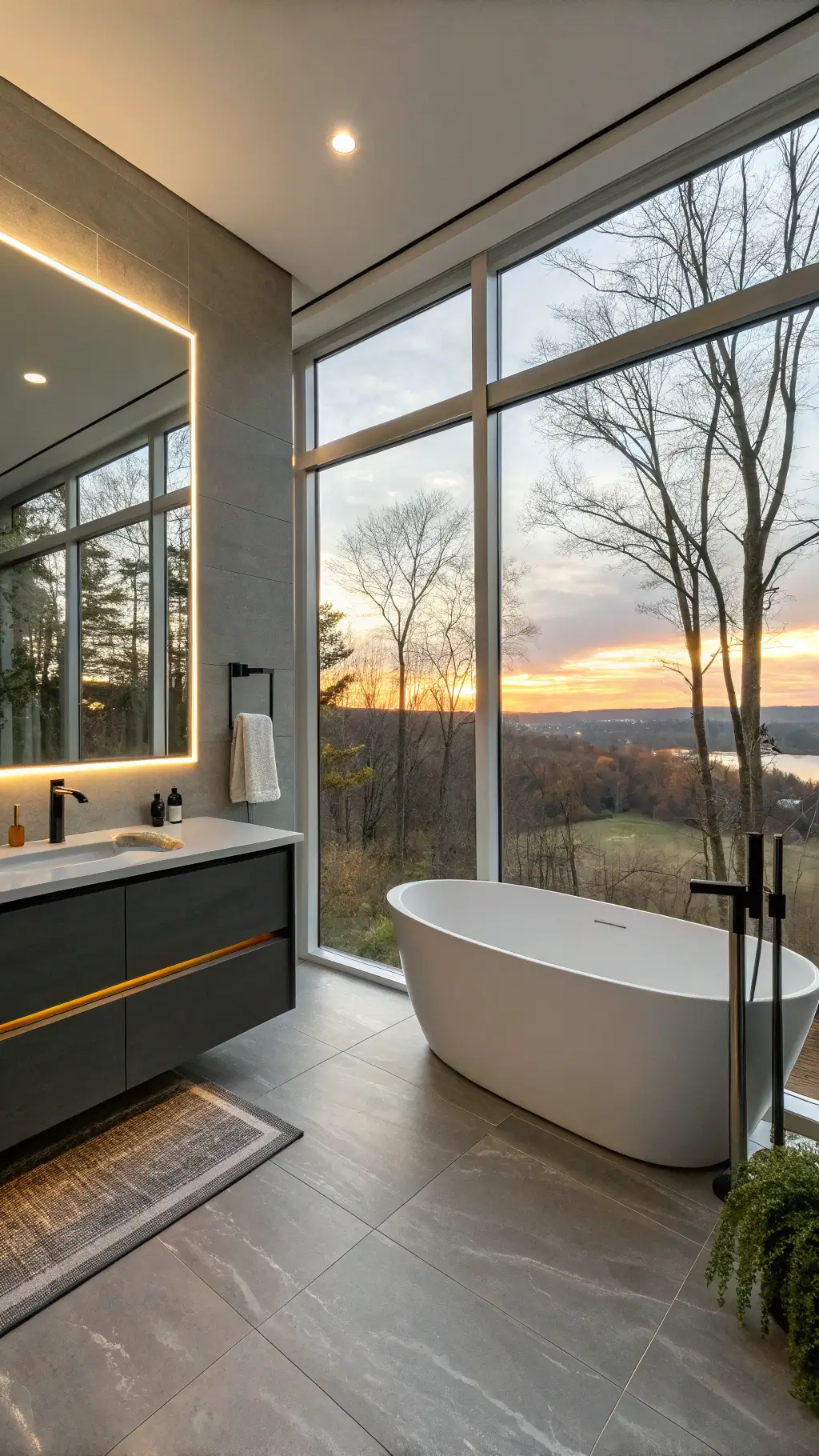 Modern bathroom with smart mirror, floating vanity, freestanding tub, chrome fixtures, and LED lighting