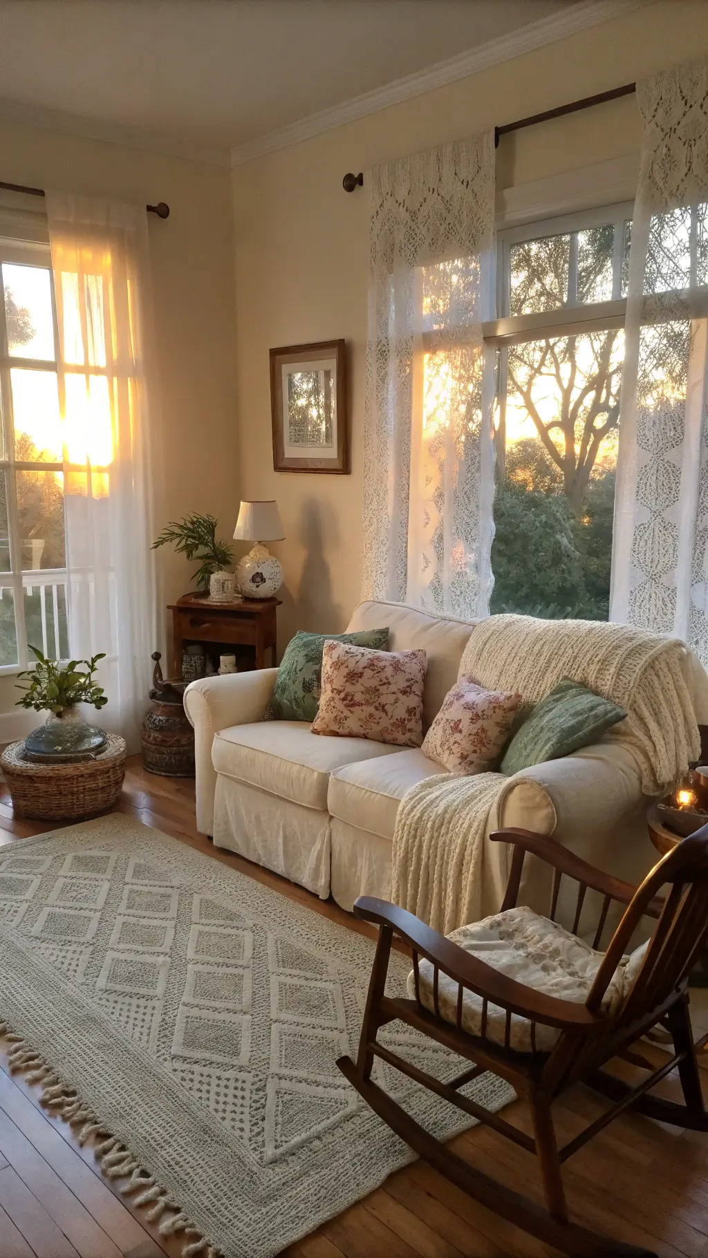 Vintage-inspired living room with cream slipcovered sofa and wooden side tables