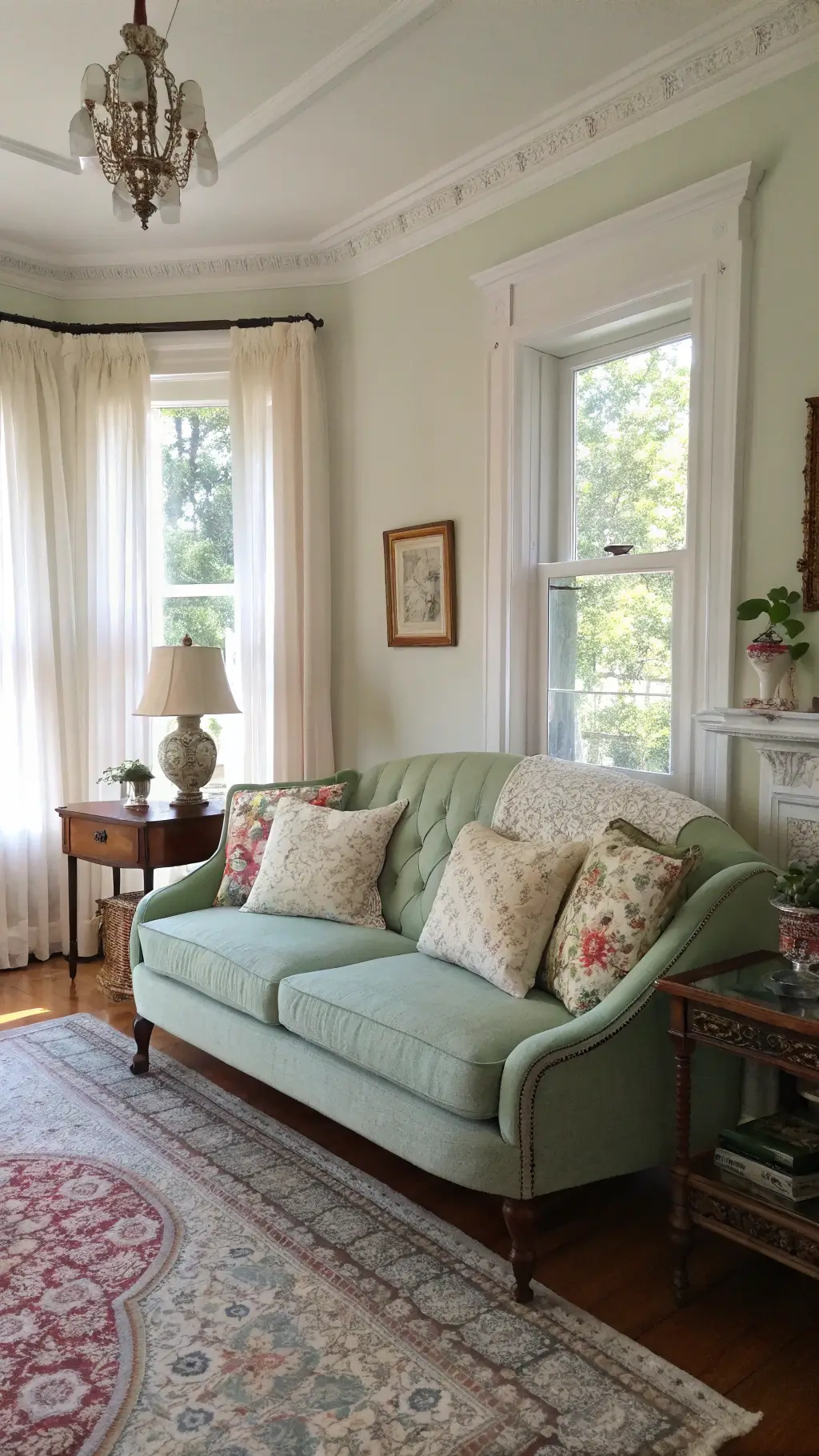 Granny Chic Living Room: Cozy Vintage Comfort with Sage Green and Antique Decor