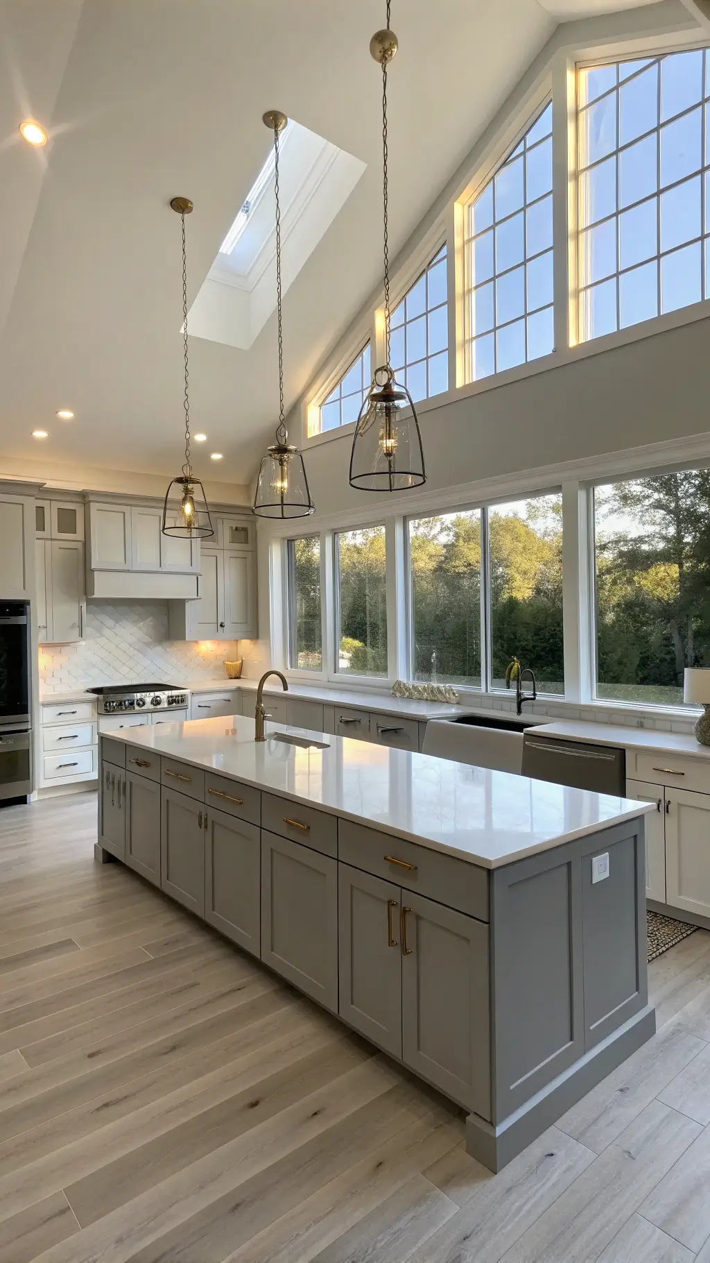 Sunlit modern kitchen with light gray shaker cabinets, white quartz countertops, and oak flooring at golden hour