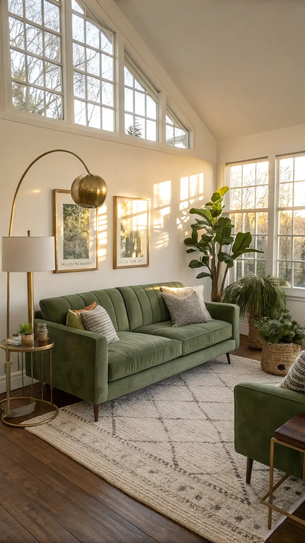 Stylish green-themed living room with plants and cozy furniture