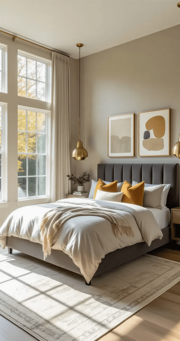 Grey Bedroom Ideas: Transform Your Space with Sophistication and Style Contemporary bedroom with charcoal velvet headboard, stone grey linens, and mustard yellow accents