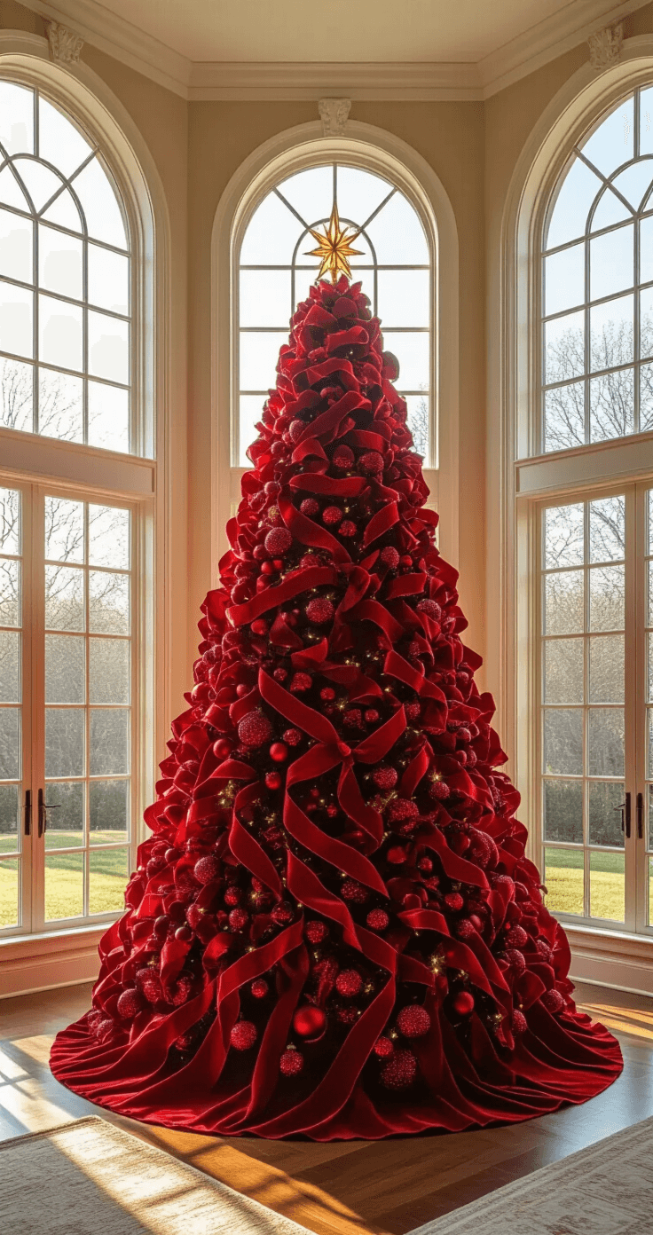 Spacious living room featuring a majestic 9ft red-themed Christmas tree bathed in golden sunlight, decorated with deep crimson velvet ribbons and a mix of matte and glossy red ornaments, illuminated by warm ambient lighting.