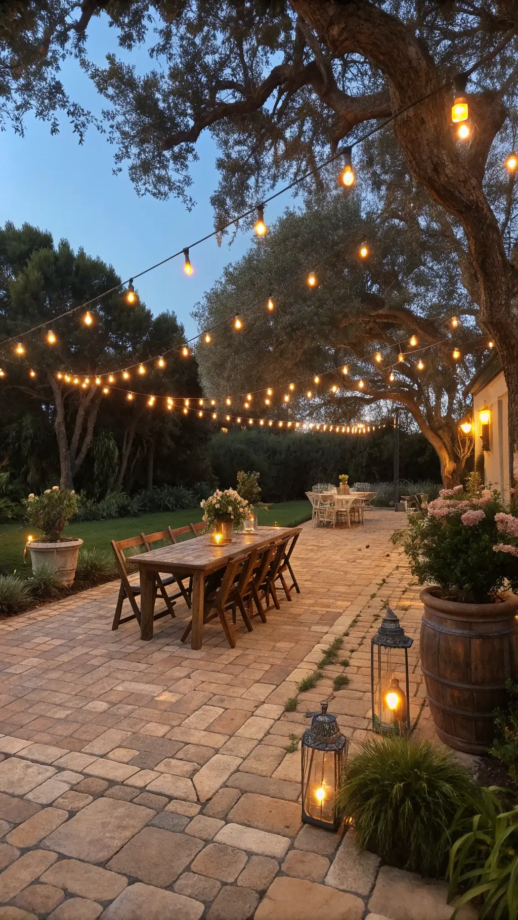 Backyard patio glowing with warm Edison string lights and rustic teak furniture