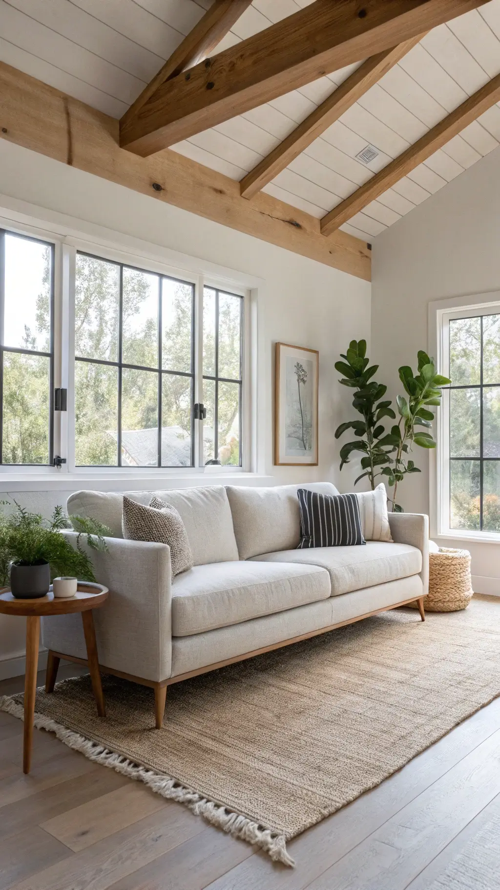 Serene Japandi-inspired living room with morning light streaming through large windows featuring an oatmeal linen sofa, minimal decor, and wooden beam details