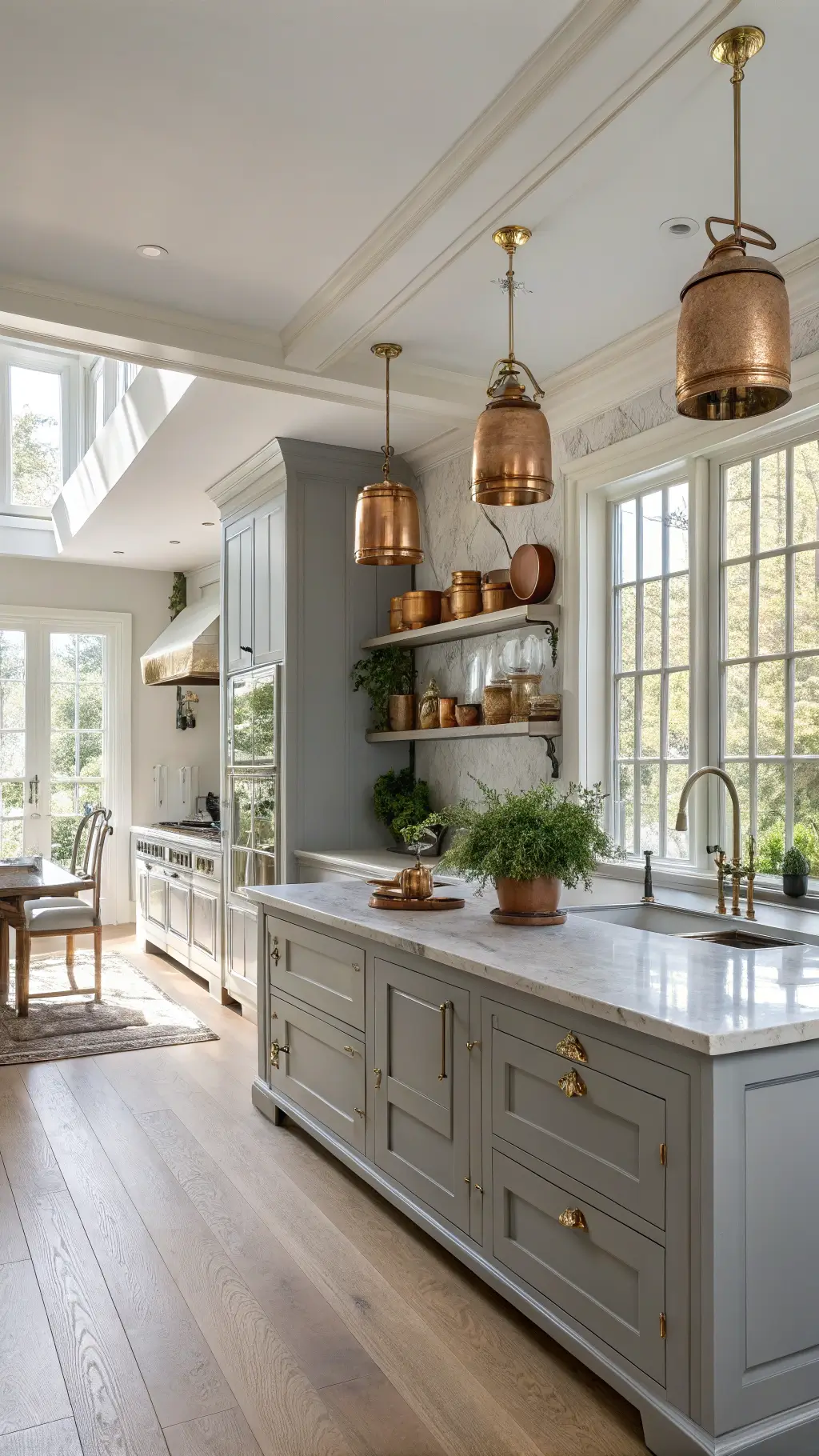 Light Grey Kitchen Cabinets: The Definitive Style Handbook Bright modern kitchen featuring dove grey Shaker cabinets, Carrara marble countertops, large slate grey island, copper cookware, fresh herbs, vintage Persian runner on white oak flooring, and soft shadows from east-facing windows with sheer linen curtains.