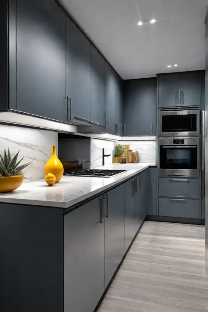 Galley kitchen with undercabinet and track lighting emphasizing the efficient and streamlined