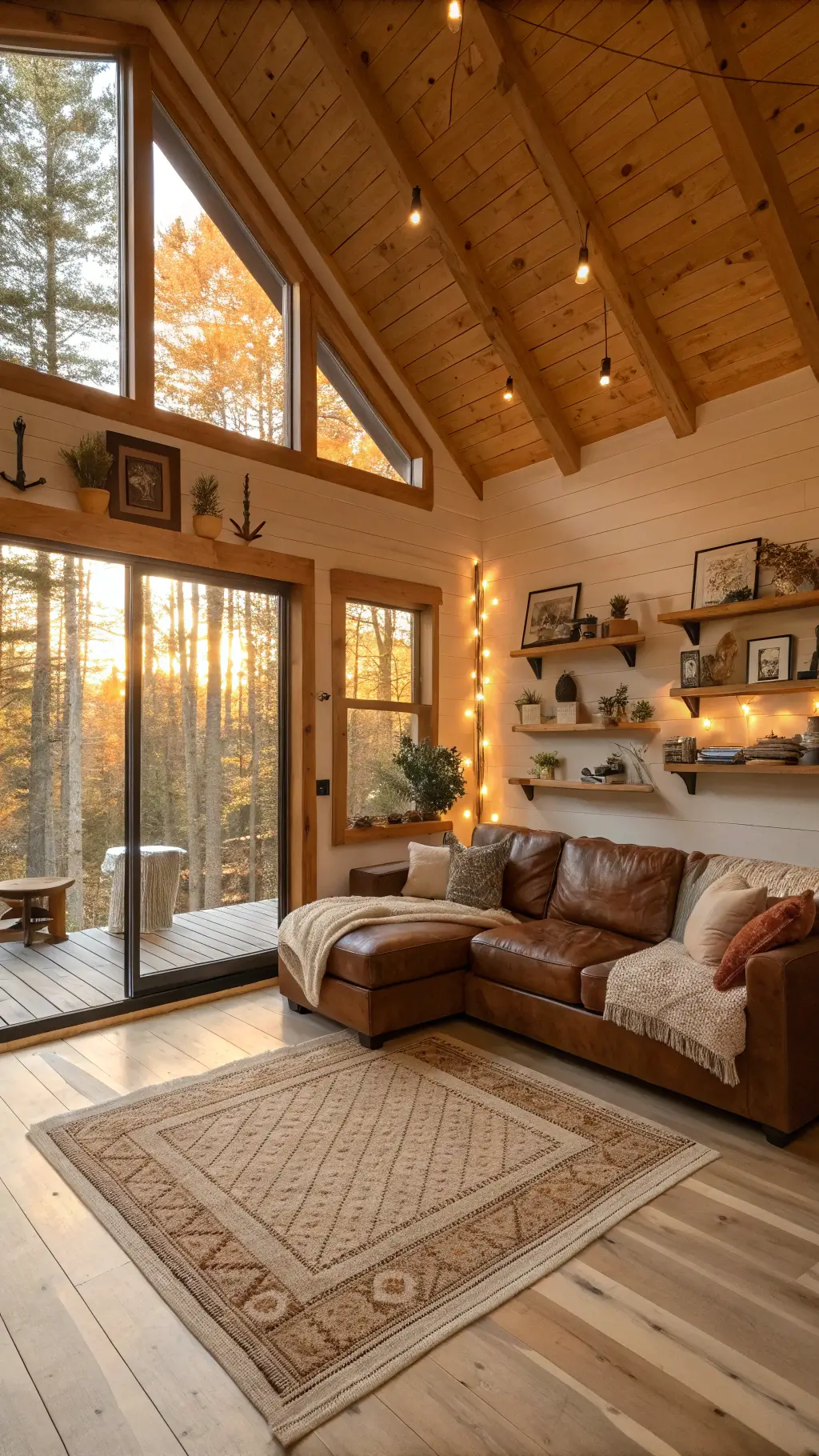 Cozy small cabin interior with warm lighting and rustic decor