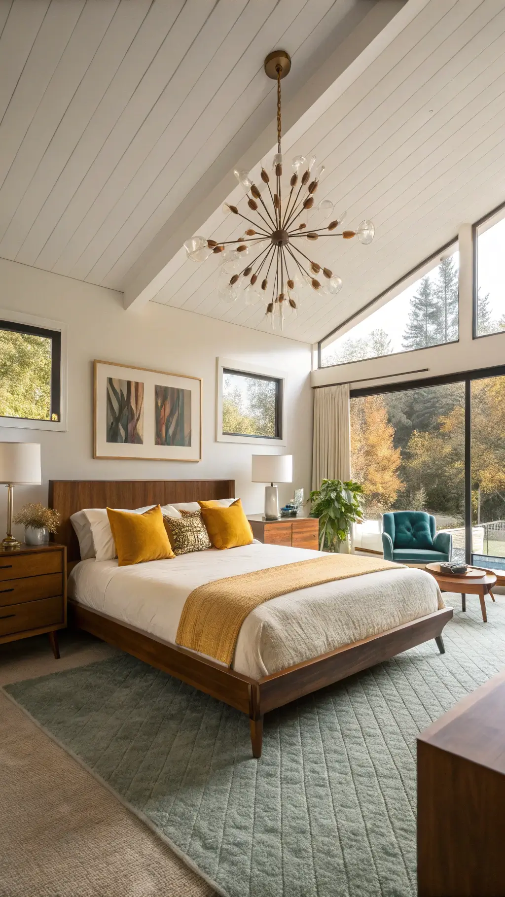 Mid-Century Modern Bedroom with walnut platform bed and cognac leather lounge chair