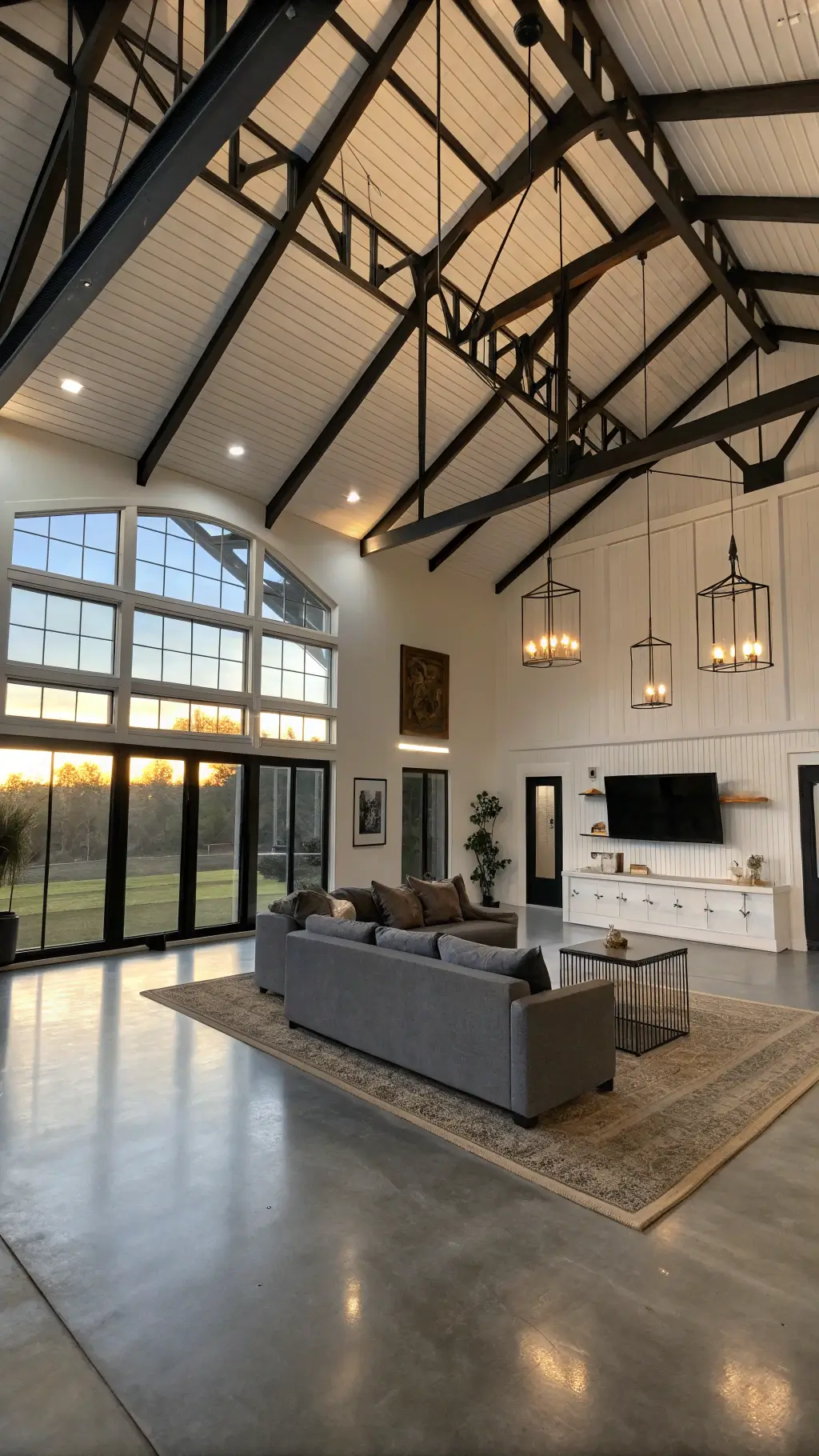 Contemporary Barndominium Living Space Featuring Vaulted Ceilings and Modern Lighting