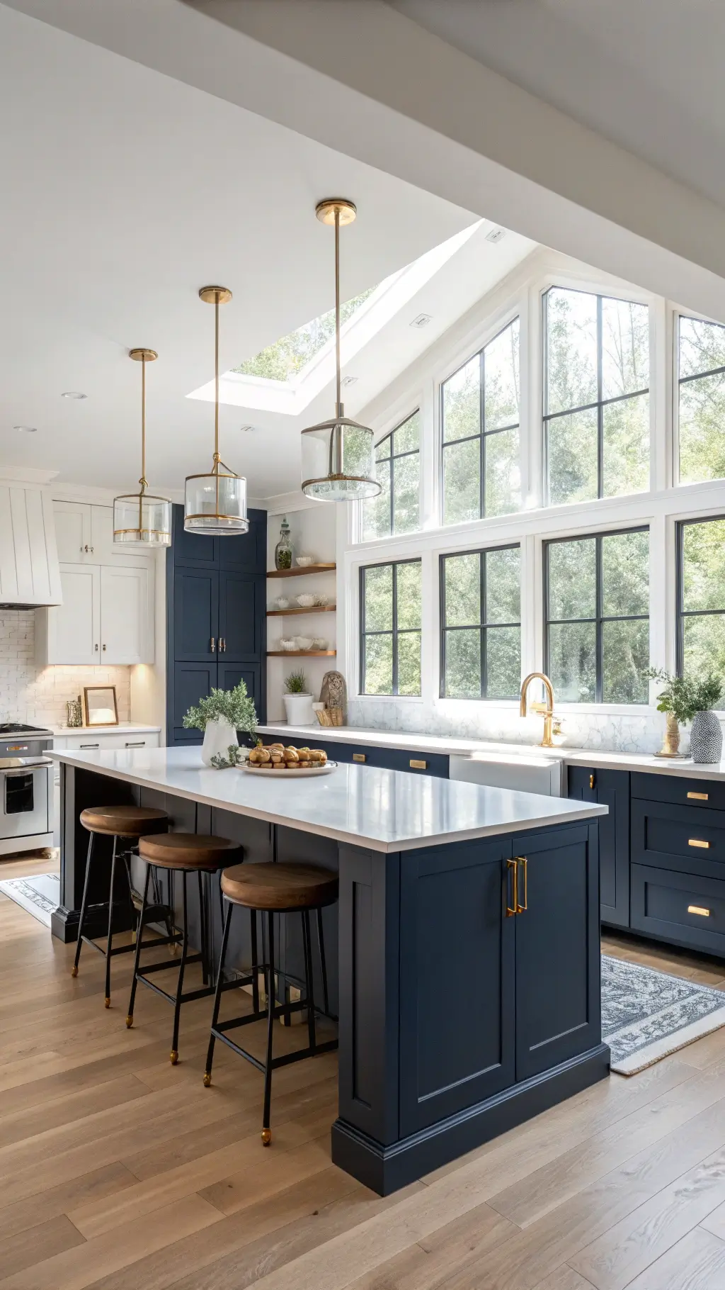 Elegant kitchen featuring navy blue cabinets with brass accents and white quartz countertops