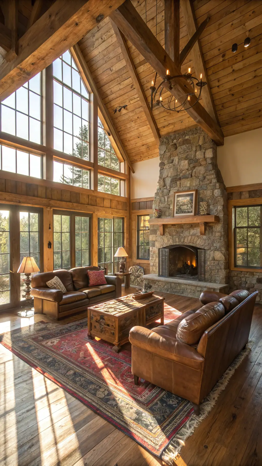 Rustic old cabin living room with exposed beams and stone fireplace