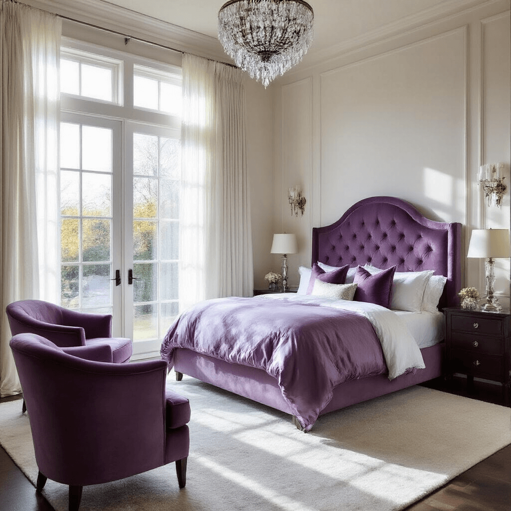 Purple Bedroom Ideas: A Royal Guide to Transforming Your Sleep Sanctuary Luxurious bedroom with tufted lavender headboard, silk bedding in purple hues, silver sconces, crystal chandelier, and mauve chairs by bay windows