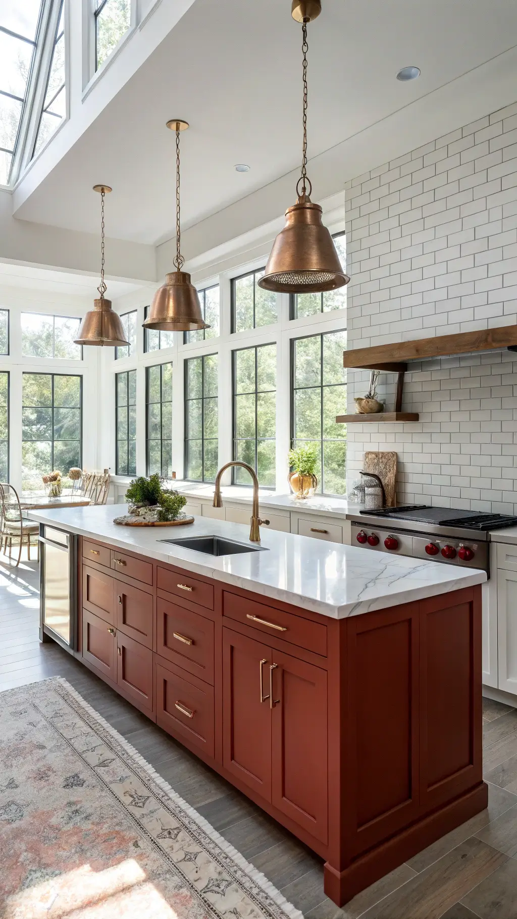 Modern farmhouse kitchen bathed in morning sunlight featuring red lower cabinets, white upper cabinets, Carrara marble countertops, subway tile backsplash, stainless steel appliances and copper cookware hanging over a large red island with a weathered oak top.