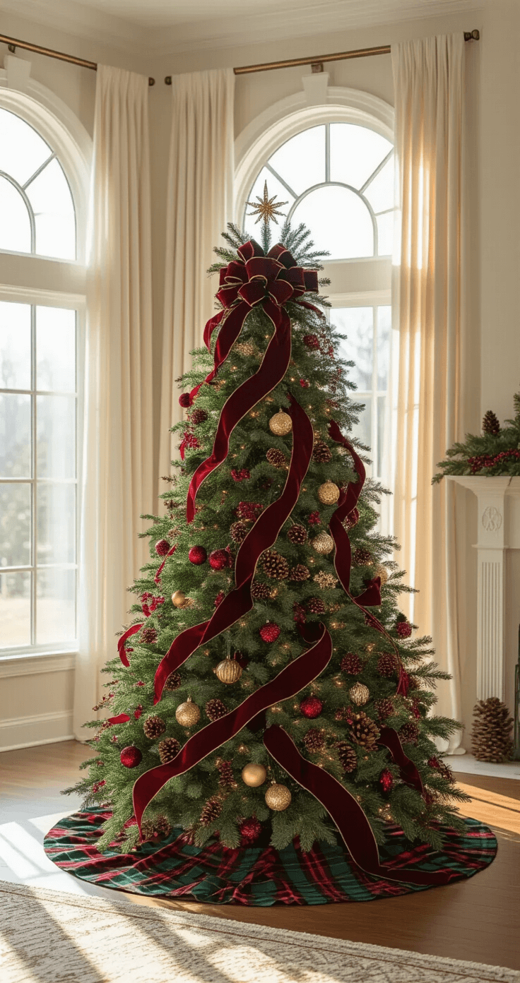 A grand 9-foot Fraser fir adorned with rich crimson velvet and forest green plaid ribbons, traditional glass ornaments in emerald and ruby hues, vintage gold highlights, and natural pine cones, set in a spacious living room with warm afternoon sunlight filtering through sheer curtains.