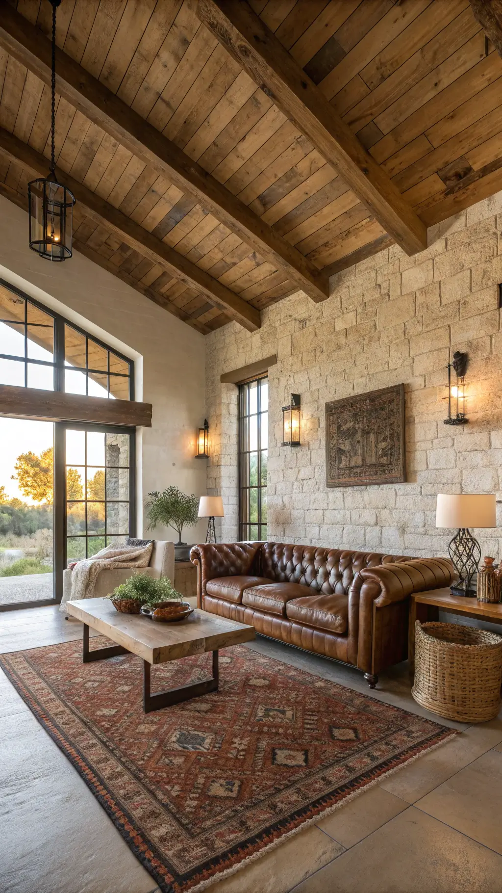 rustic living room with exposed wooden beams, whitewashed walls, Persian and jute rugs, Chesterfield leather sofa, reclaimed wood table during golden hour