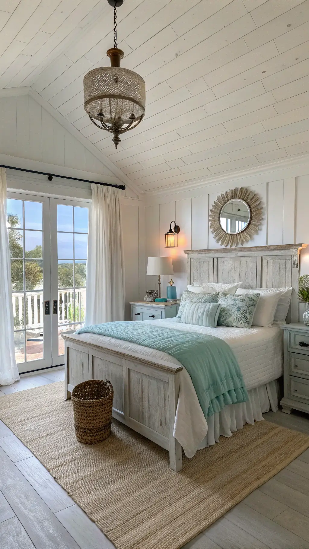 Tranquil coastal bedroom with soft seafoam and ivory bedding, vintage lamps, driftwood mirror, and natural fiber rug