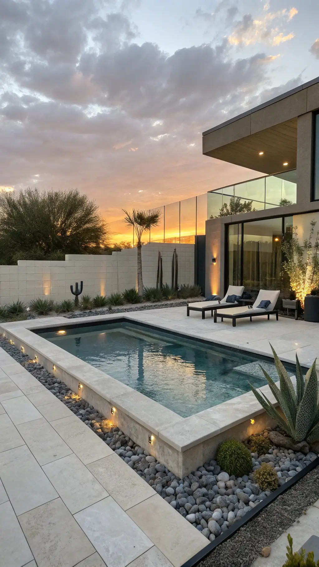 Modern backyard featuring a sleek azure mosaic cocktail pool framed by limestone, LED lighting, minimalist copper water feature, vertical succulent garden wall, glass fencing reflecting sunset, and contemporary lounges at golden hour