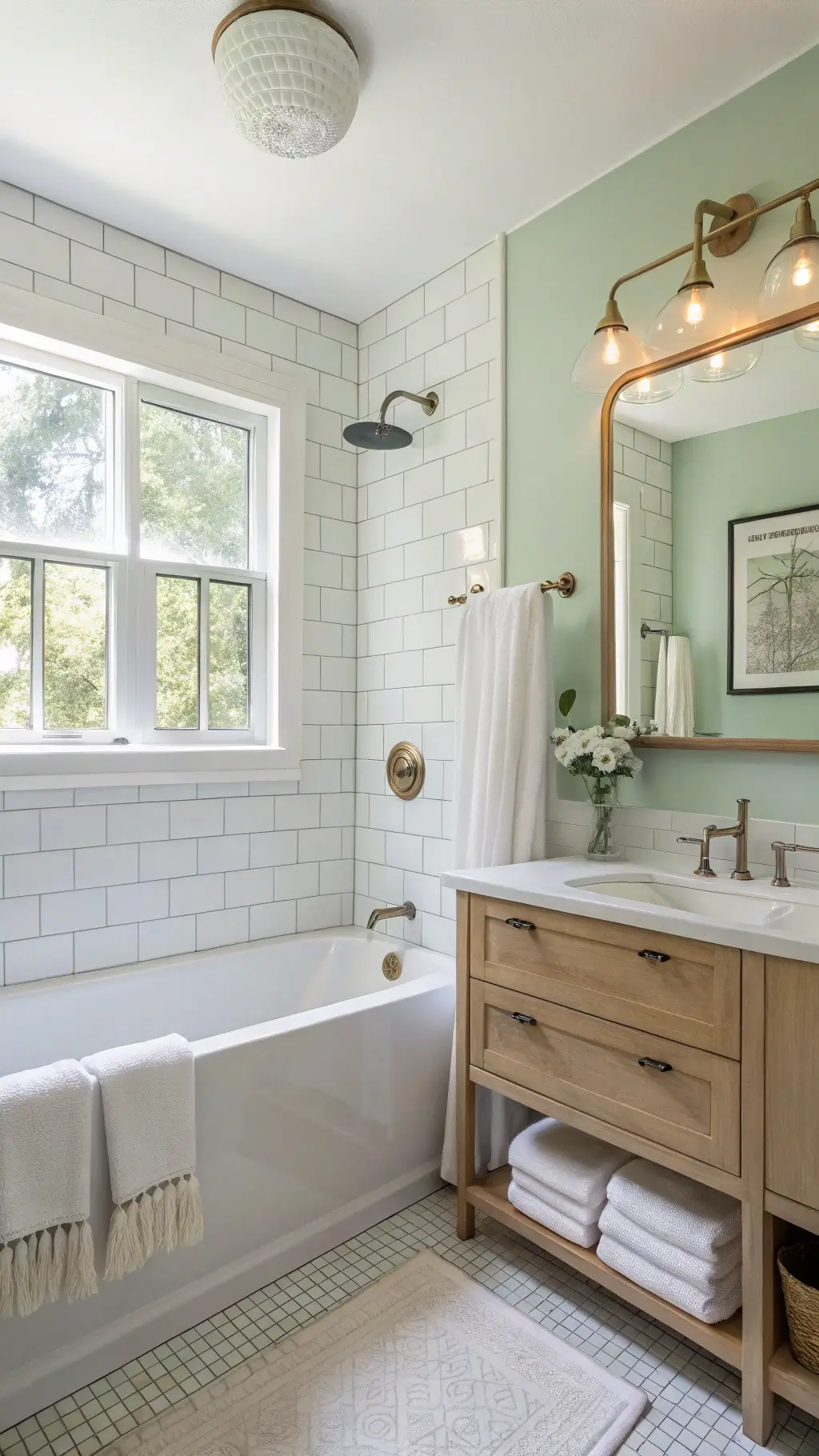 Morning light illuminating a serene bathroom with seafoam green walls, glossy white alcove tub, floating oak vanity, and vessel sink framed by pearl subway tiles and brass-trimmed mirror.