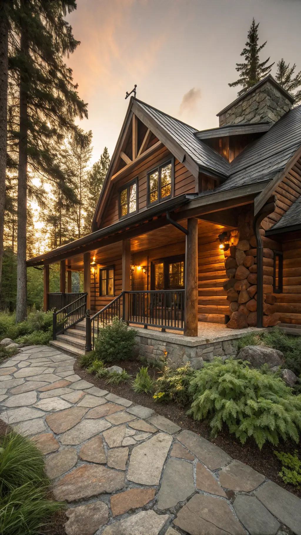 Golden hour photo of a charming woodland cabin with hand-hewn log walls, cedar wraparound porch, black metal railings, green craftsman door, and large windows reflecting sunset
