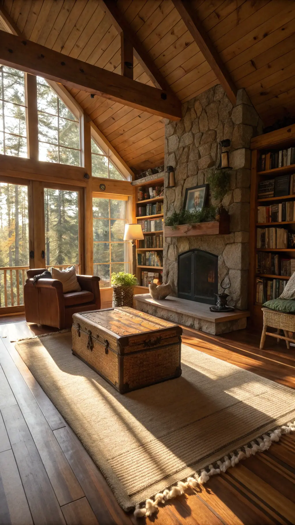 rustic cozy cabin living room with sunlight through large windows, leather loveseat, stone fireplace, built-in pine shelves, wool rug, vintage trunk coffee table, woven baskets, and handwoven blankets