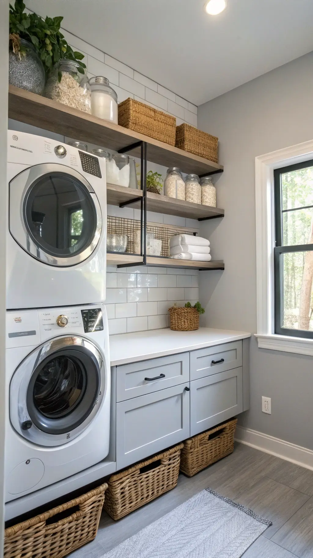 Organized small laundry room with smart <a href=
