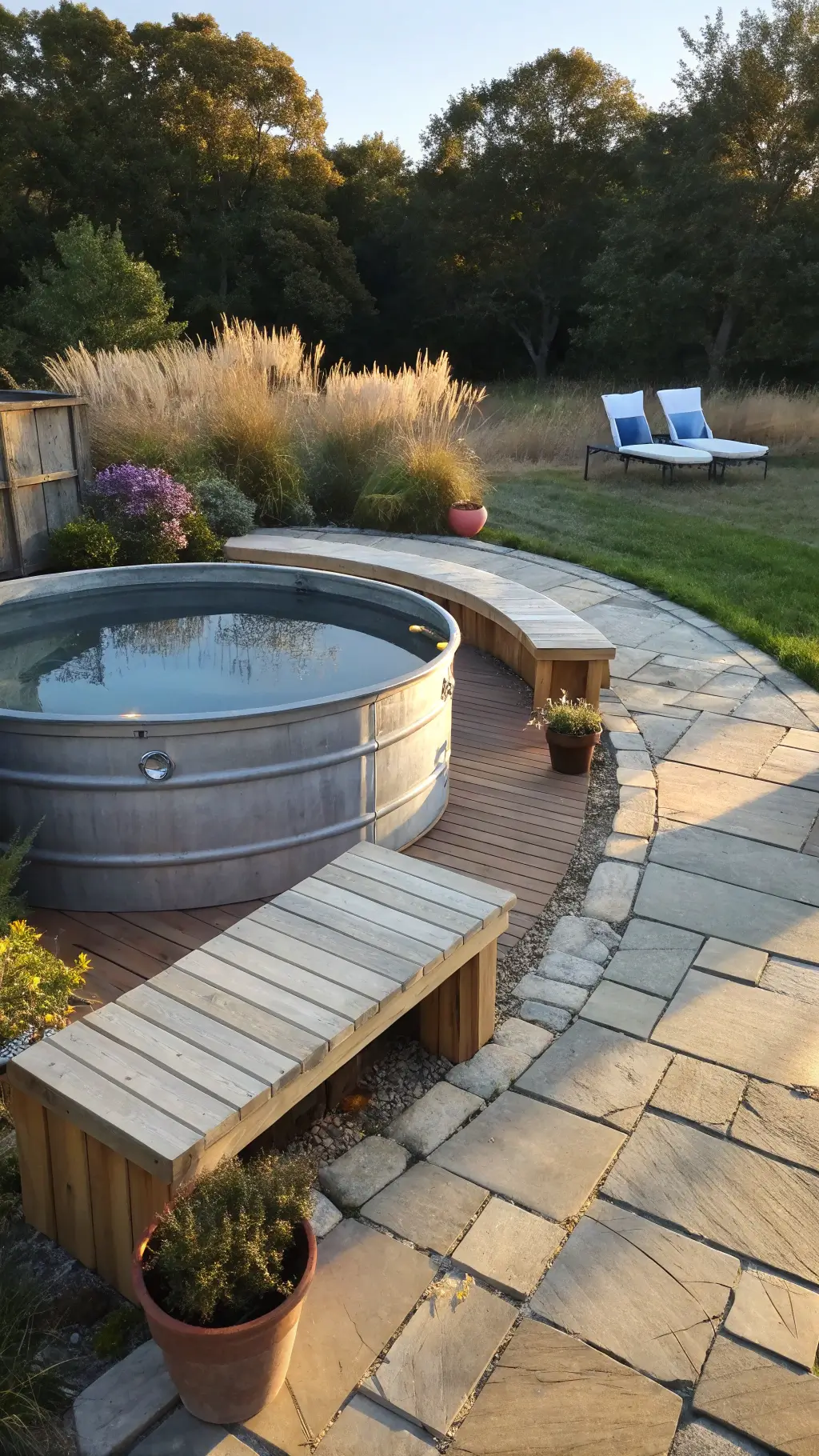 Backyard patio with galvanized stock tank pool and curved cedar bench in golden hour light, surrounded by lavender and ornamental grasses, with a warm beige stone paver floor.