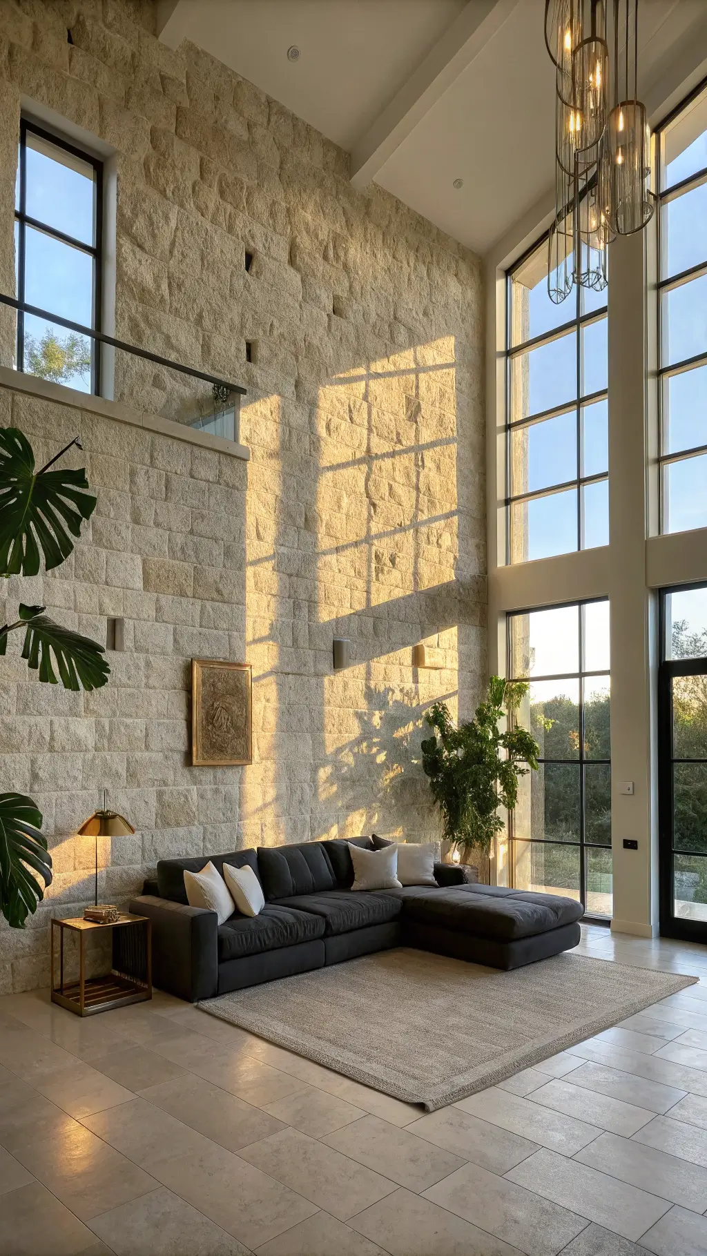 Spacious living room with natural limestone feature wall, charcoal sectional, cream pillows, and minimalist brass sconces emphasized by dramatic afternoon shadows and warm lighting
