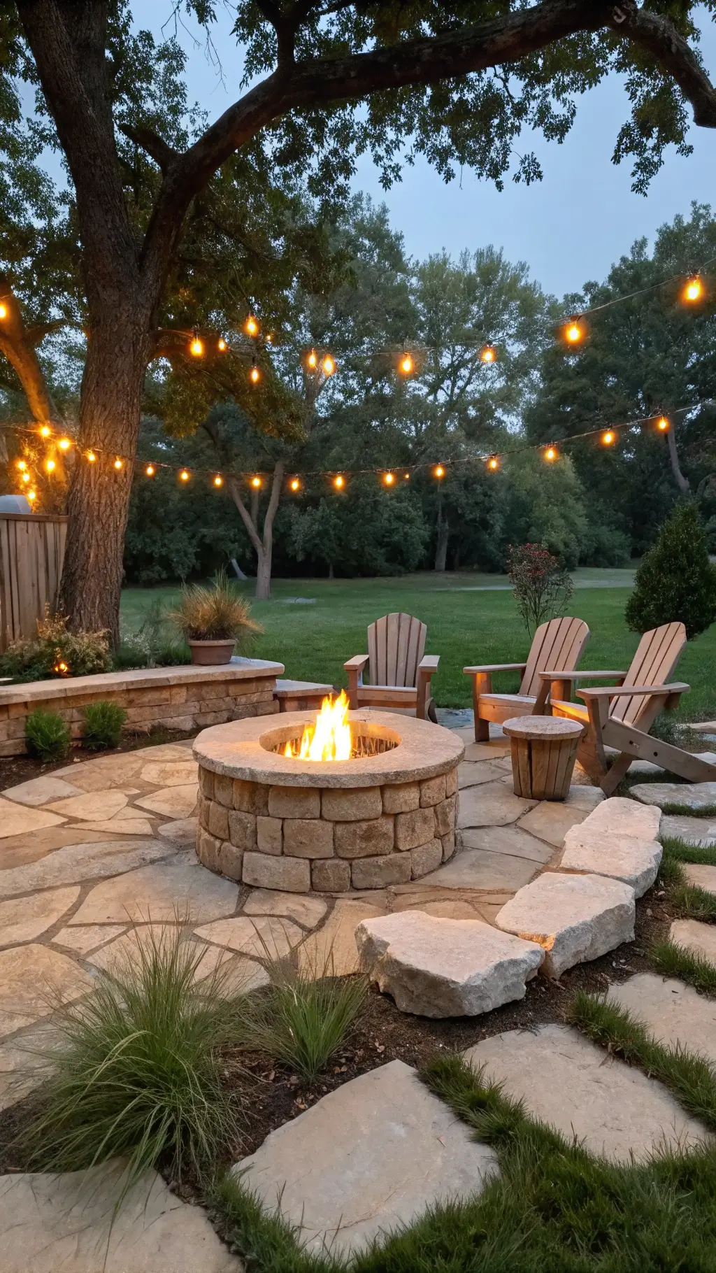 Circular stone firepit with glowing flames surrounded by teak Adirondack chairs, drought-tolerant grasses, and warm string lights under oak trees