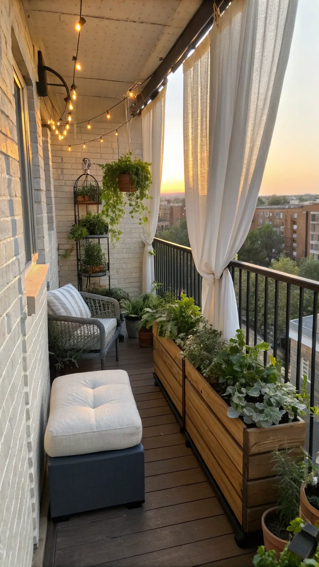 Sunlit urban balcony featuring outdoor curtains, acacia wood bistro set, grey storage ottoman with cream cushions, copper railing planters, wall-mounted herb garden, and string lights against a brick wall