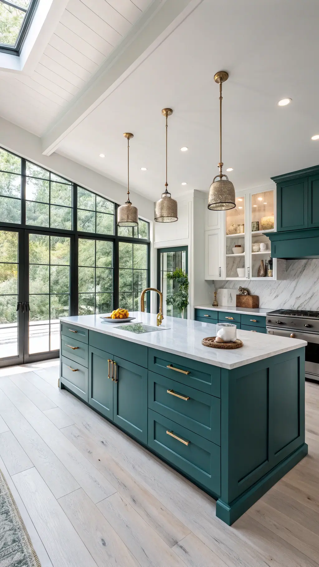 Modern kitchen with teal cabinets and stylish decor