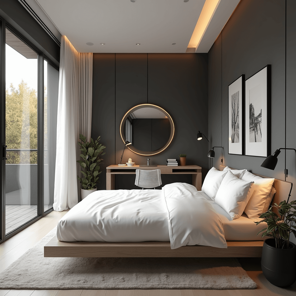 A sleek 14x16ft corner bedroom with a minimalist platform bed, floating desk, and expansive windows flooding the room with afternoon light. Walls are painted matte charcoal, adorned with monochrome art, a large round mirror, and tech-friendly features like a charging station and LED accents. The palette blends cool grays, whites, and warm wood tones, emphasizing clean lines and layered textures.