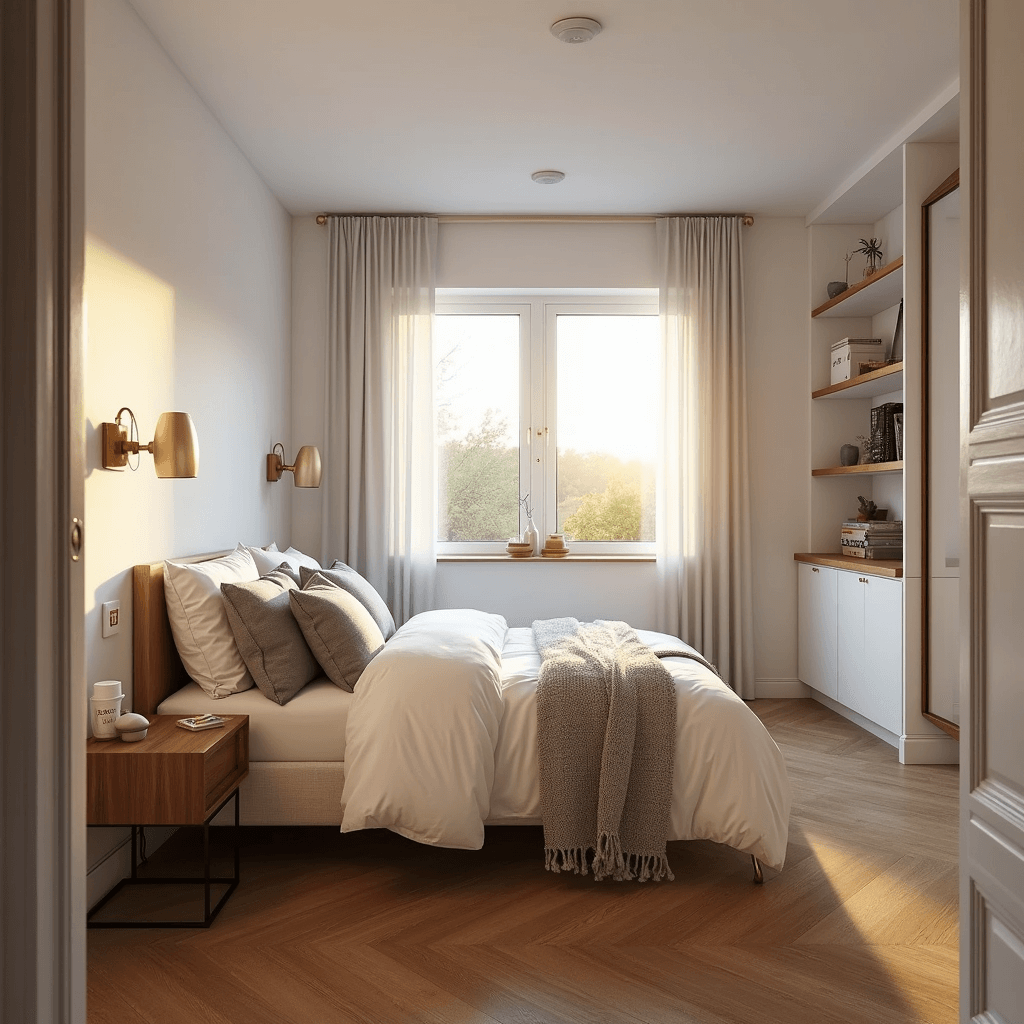 Peaceful bedroom bathed in warm light featuring a queen bed nestled in a corner with a sleek brass frame, crisp white bedding, and soft gray cushions; brass wall sconces flank a floating walnut nightstand; built-in white shelving; a large mirror amplifies sunlight on herringbone wood floors; neutral tones accented with soft blush hues.