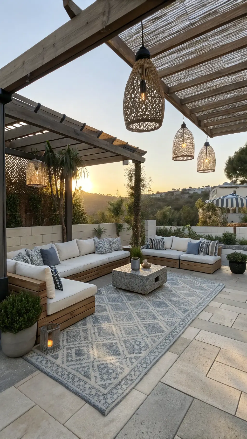 Bright modern patio with weathered teak furniture, white cushions, blue-grey outdoor rugs, concrete planters of varying heights filled with lush greenery, and warm brass lantern and pendant lighting