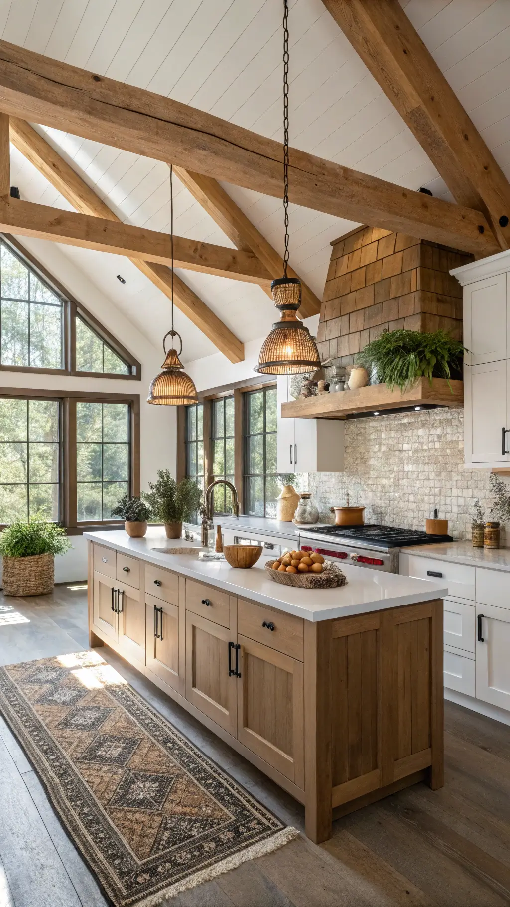 Warm kitchen featuring light brown cabinets with farmhouse style