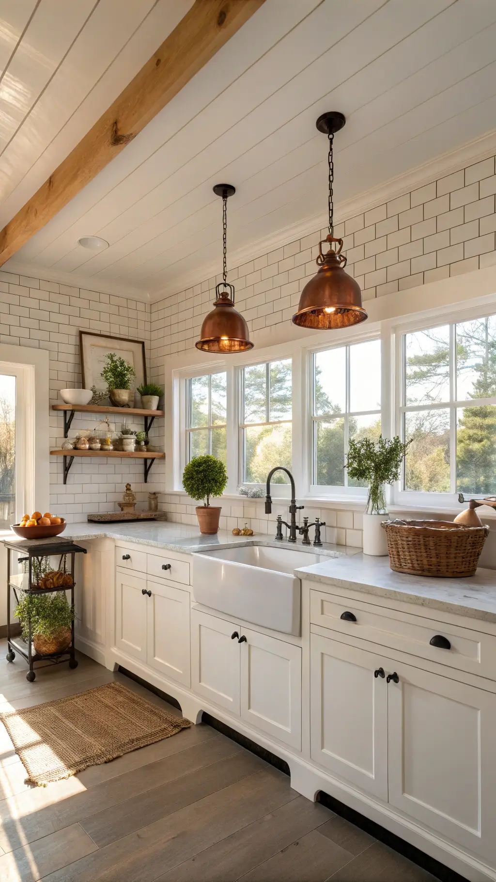 Farmhouse Kitchen with White Cabinets Farmhouse kitchen with white cabinets, shaker style, oak accents, and vintage copper pots