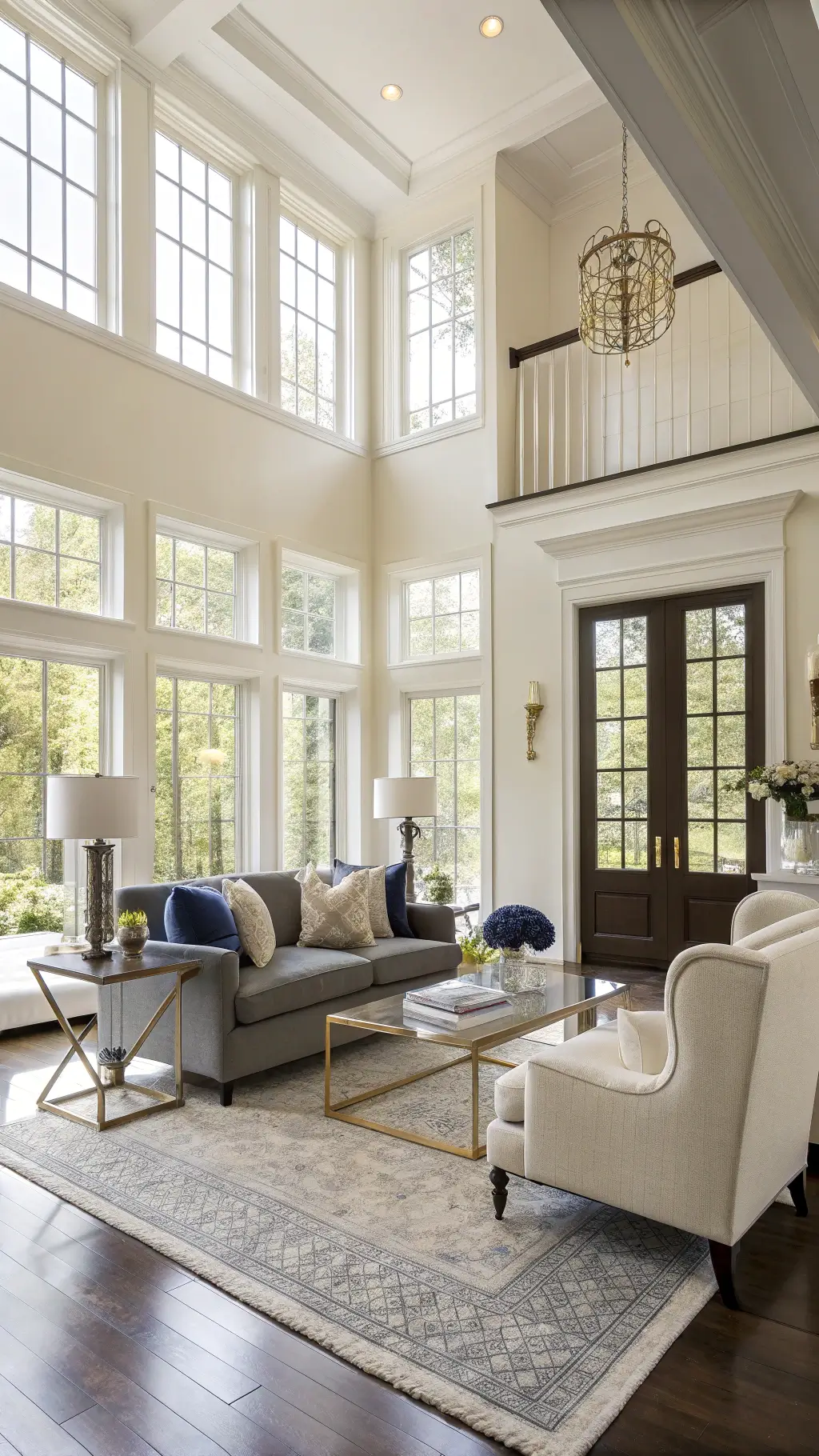 Transitional living room bathed in morning light featuring a gray linen sofa, wingback chairs, glass-top coffee table, and plush textured accents