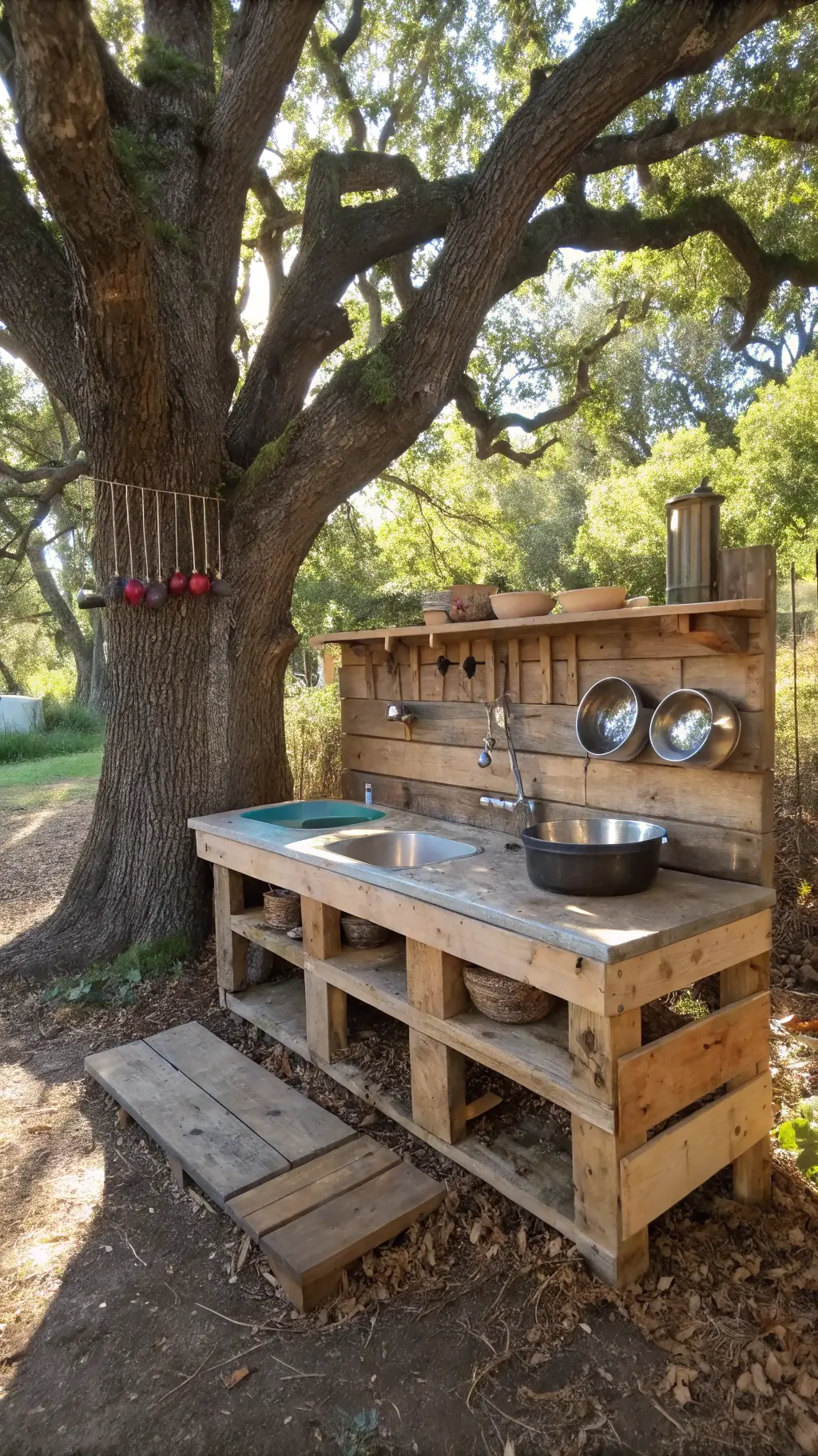 Rustic outdoor mud kitchen beneath a sprawling oak tree featuring reclaimed wooden pallets, stainless steel bowls, vintage utensils, and a nearby water source with a copper faucet.