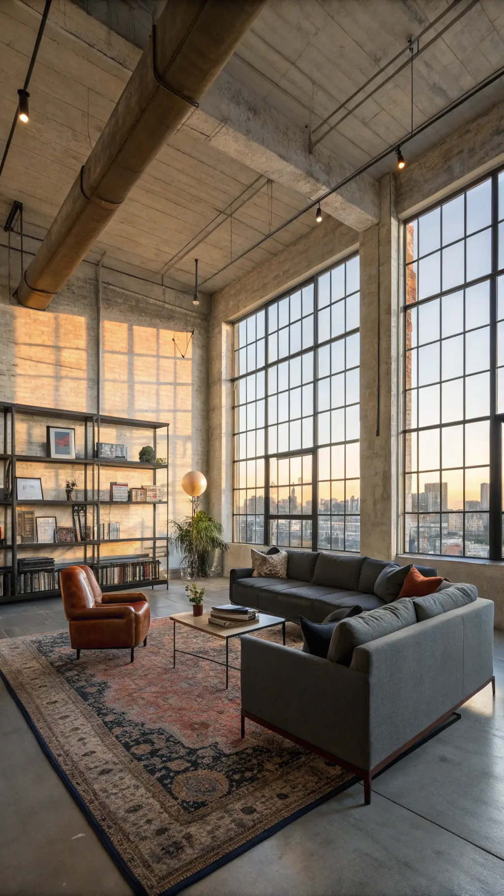 Urban loft living room with exposed concrete ceilings, floor-to-ceiling windows, modular sofa, cognac leather chair, black steel shelving, Persian rug, and mixed metal accents illuminated by golden afternoon light from a low corner angle.