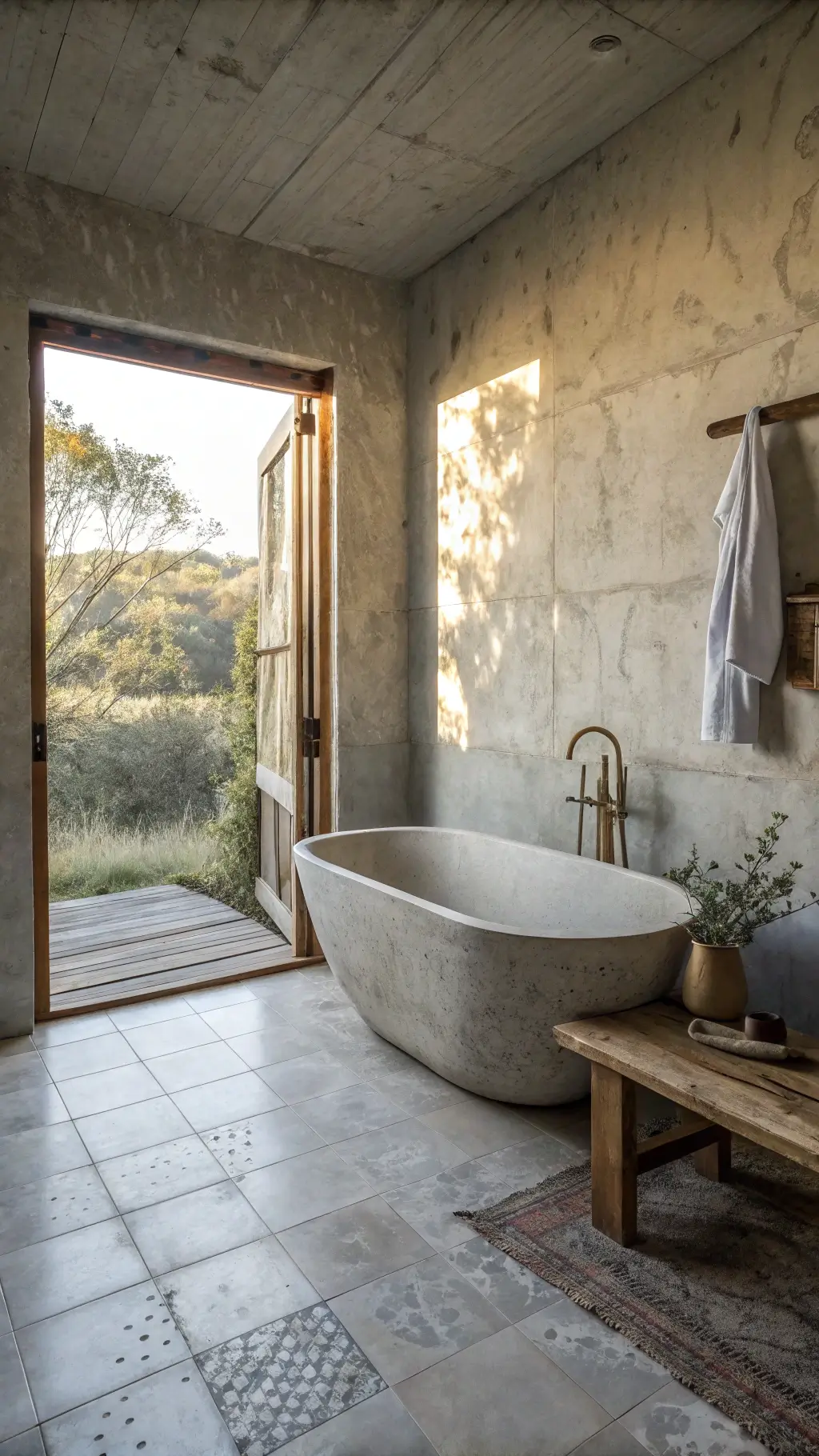 Wabi-Sabi bathroom with natural elements and soft lighting