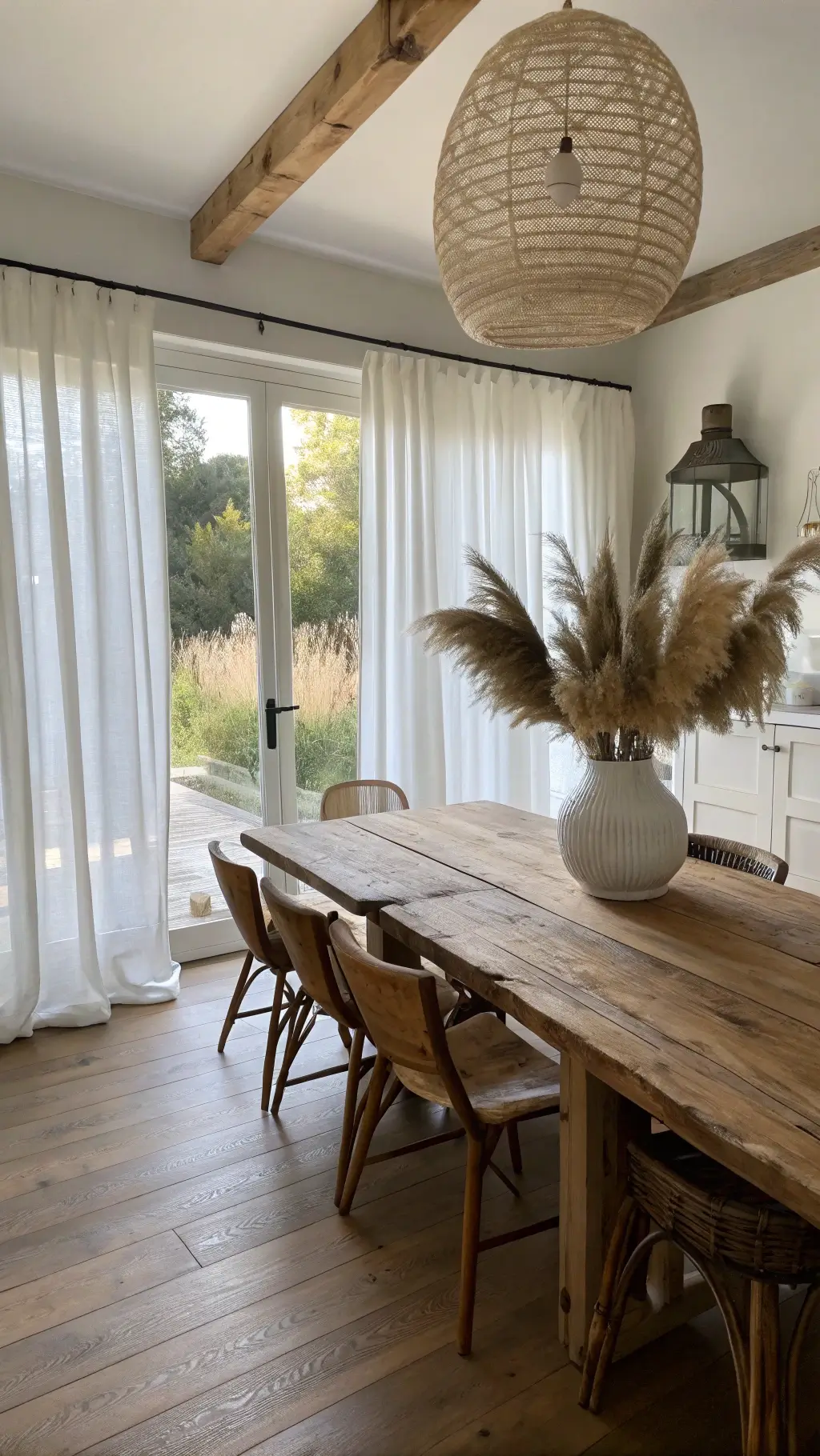 Dining room bathed in morning light with linen curtains, elm table, wooden chairs, and ceramic vase on wide-plank oak floor with ivory walls