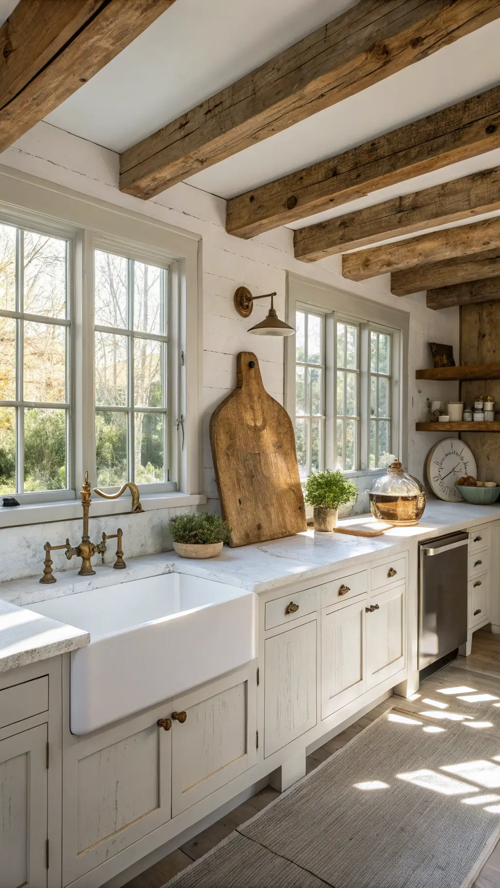 Sunlit rustic kitchen with weathered wooden beams, antique cutting board, hand-crafted ceramics, and large farmhouse sink with brass fixtures in earth tone colors