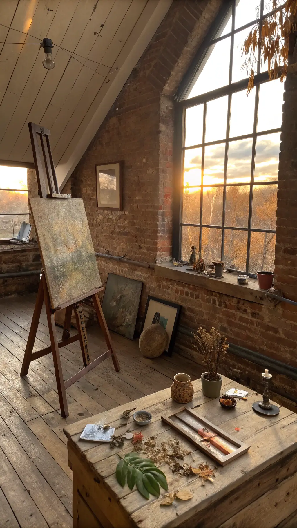 Artist's studio with exposed brick walls, weathered wooden floors, vintage workbench with natural <a href=