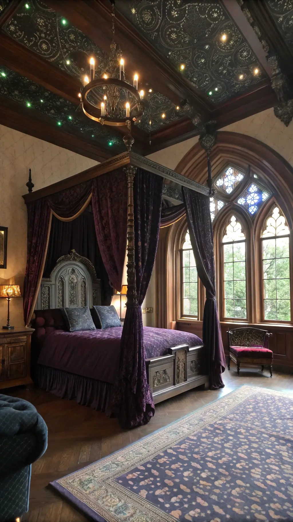 Victorian-style bedroom with purple velvet canopy bed and celestial ceiling art