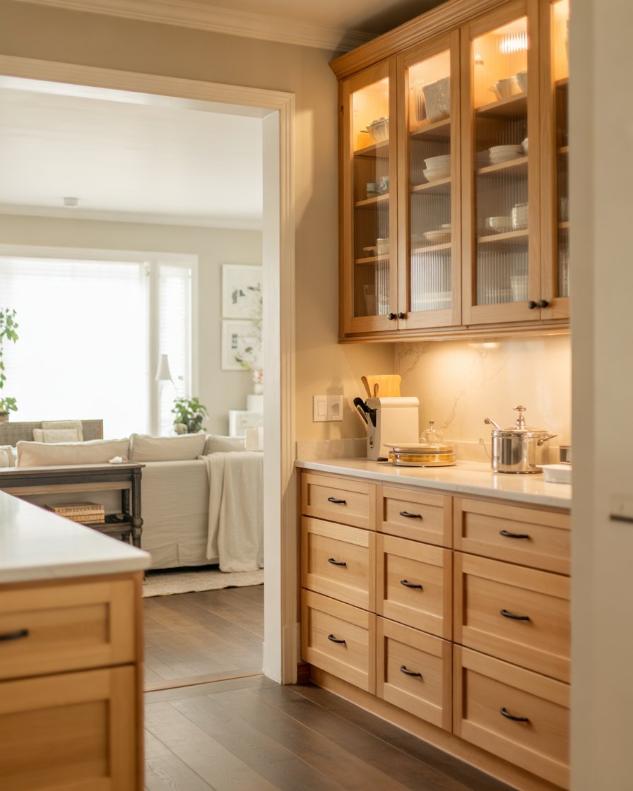 Moody neutrals with white oak kitchen cabinets