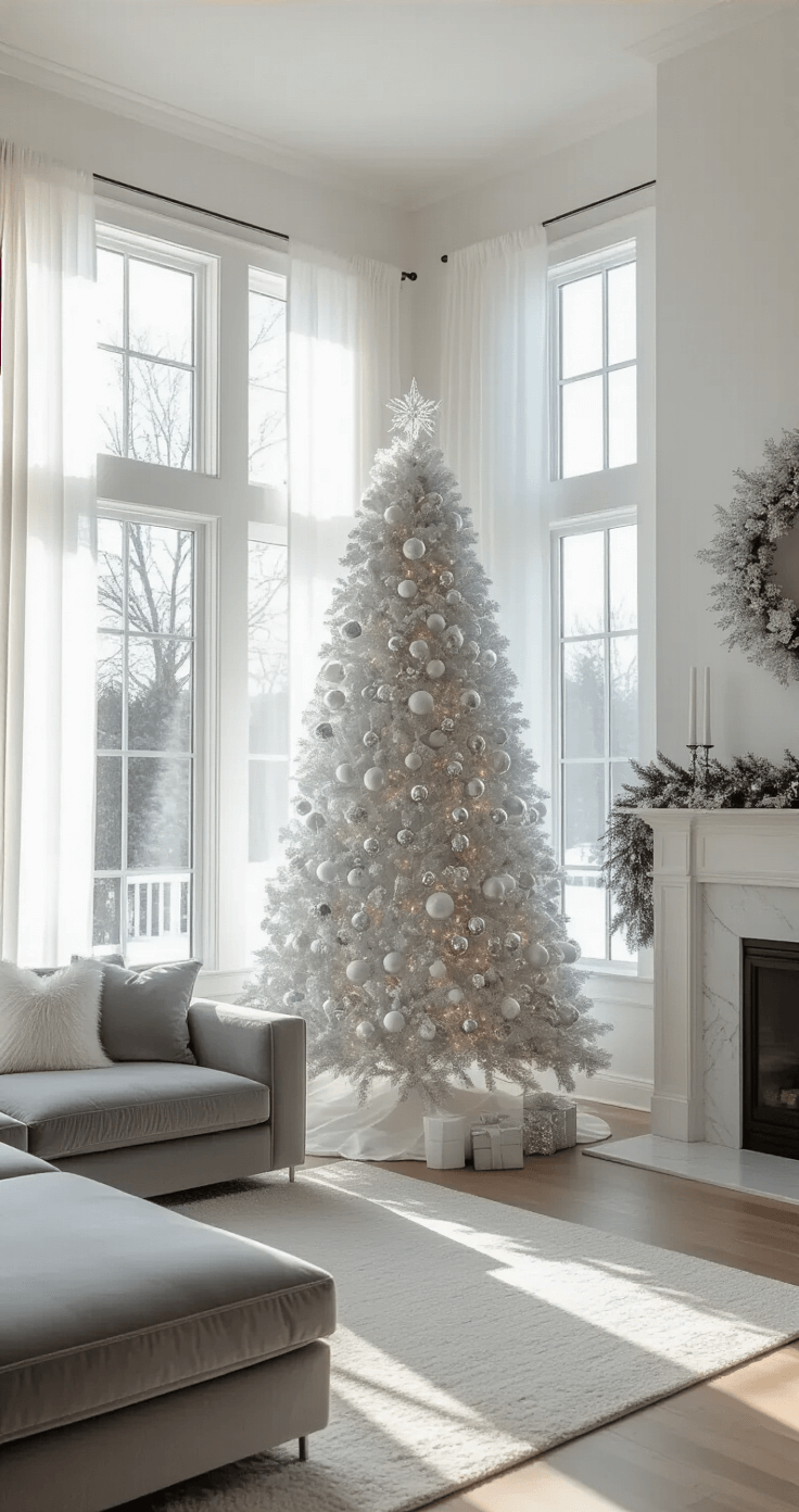 Enchanting White and Silver Christmas Tree Decorations A cozy living room featuring a 9-foot flocked Christmas tree adorned with oversized mercury glass ornaments and silver snowflakes, illuminated by late afternoon winter light streaming through sheer white curtains from a large bay window. The modern grey velvet sectional is positioned to the left, and a white marble fireplace with silver accents is on the right, creating an ethereal atmosphere with cool color tones and soft shadows.