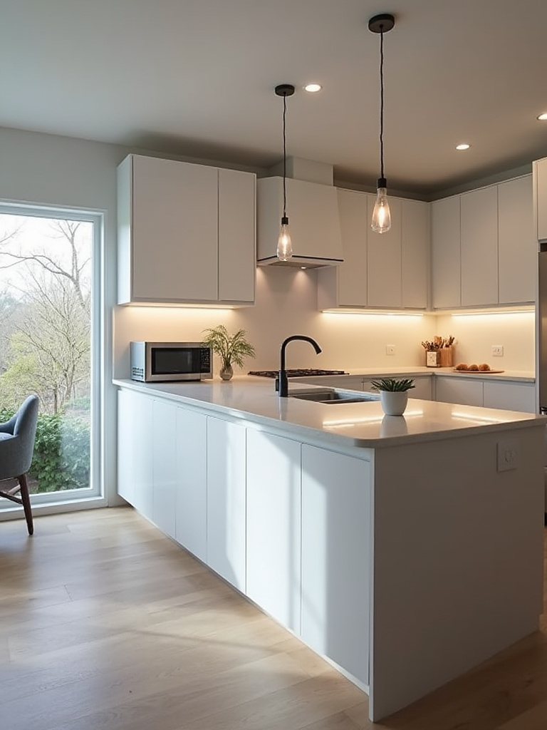 Kitchen with layered lighting highlighting activity zones