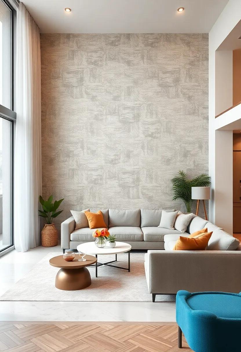 Elevate Your Apartment Living Room With Bold Geometric Textured Wallpaper Patterns Creating Modern Visual Depth